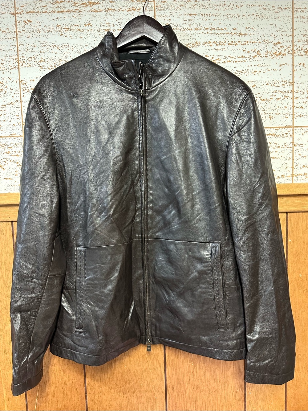 Hugo Boss Men’s Black Lambskin Jacket 48 Full Zip Moto Cafe Racer Coat